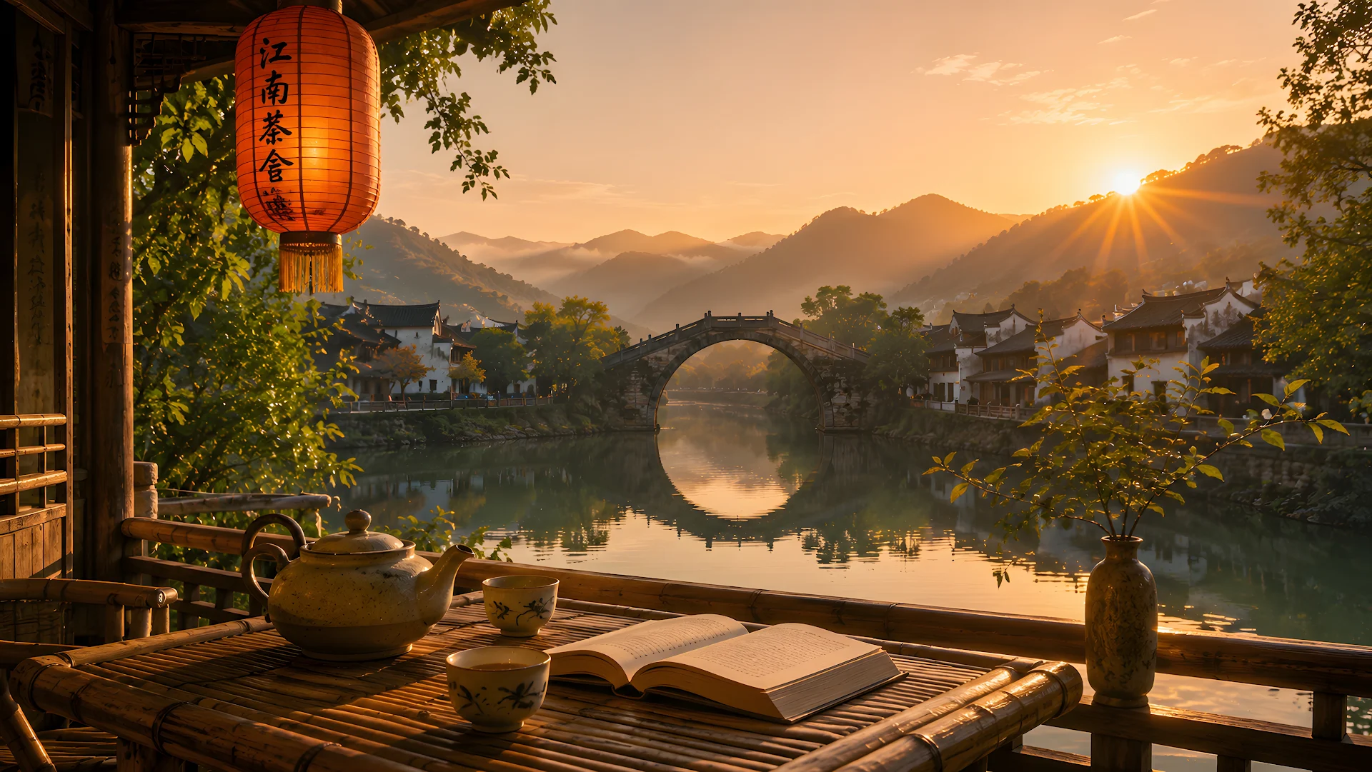 Traditional oriental teahouse balcony with tea set overlooking historic stone bridge - Free 4K desktop Wallpaper