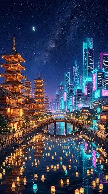 Traditional Pagodas and Modern Skyscrapers Cityscape at Night - Free 4K & 8K mobile Wallpaper
