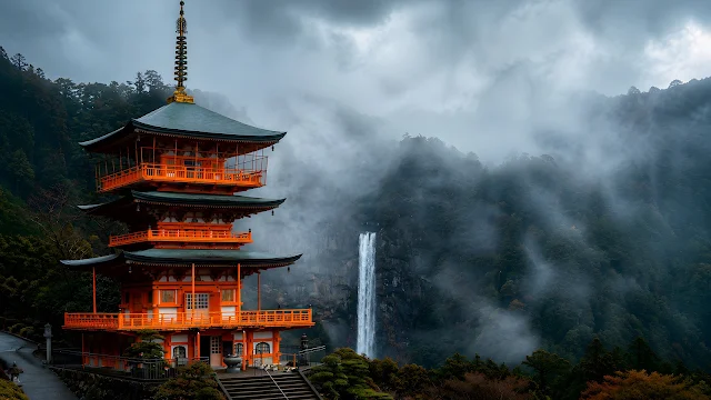 A vibrant three-story red traditional pagoda framed by misty forested mountains and a tall vertical waterfall in foggy weather.
