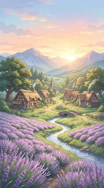 Tranquil Anime Village in a Lush Valley with Lavender Fields - Free 4K & 8K mobile Wallpaper