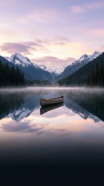 Download Tranquil Dawn Mountain Lake Mist Canoe Mobile Wallpaper Wallpaper in 4K UHD Tranquil Dawn Mountain Lake Mist Canoe Mobile Wallpaper - Free 4K & 8K mobile Wallpaper