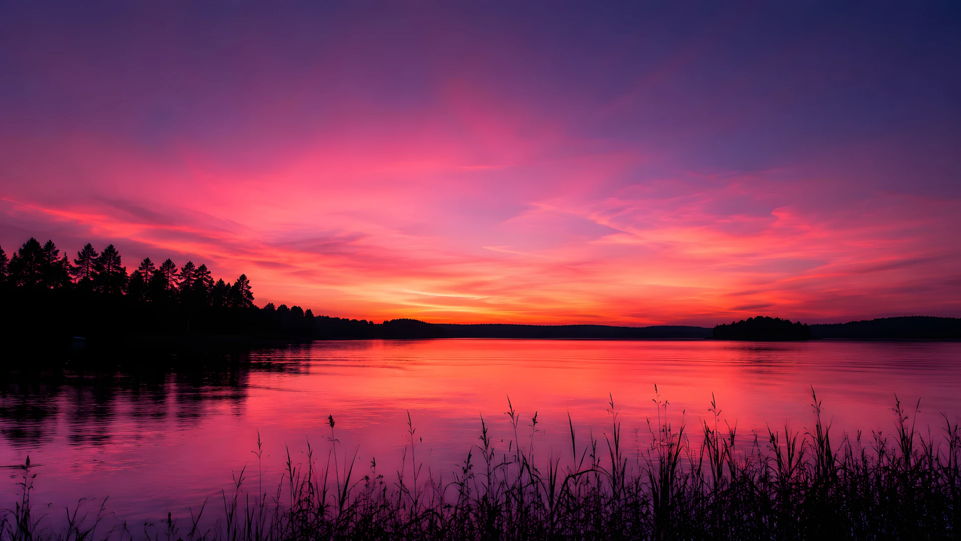 Tranquil lake sunset with silhouetted trees and foreground reeds - Free 4K desktop Wallpaper