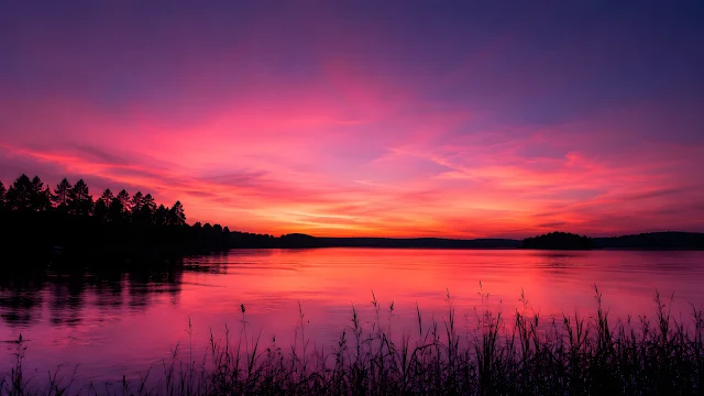 Silhouetted trees and foreground reeds over a smooth calm lake reflecting a bright pink and purple sunset sky.