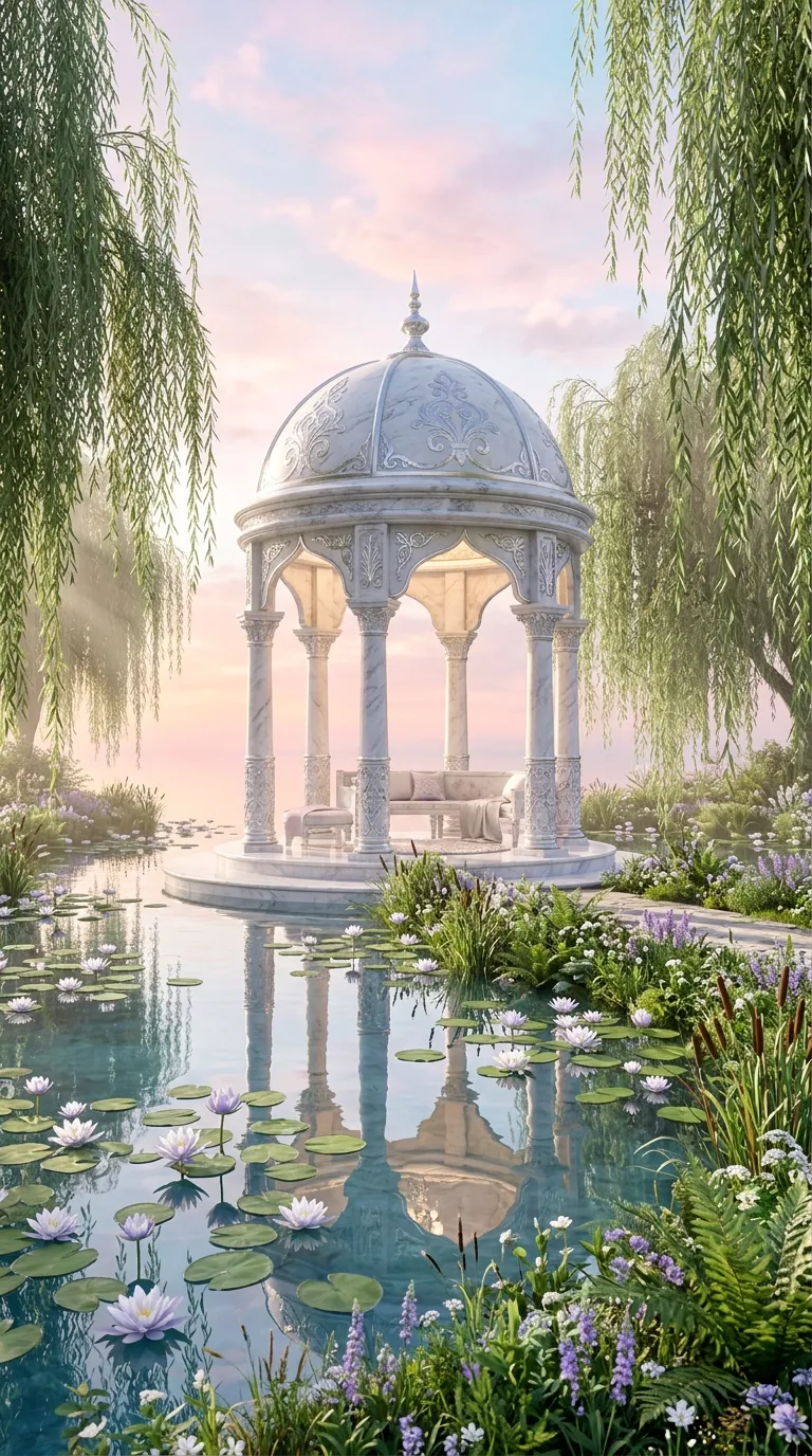 Tranquil Lakeside Gazebo with Marble Columns and Water Lilies - Free 8K and 4K mobile Wallpaper Background