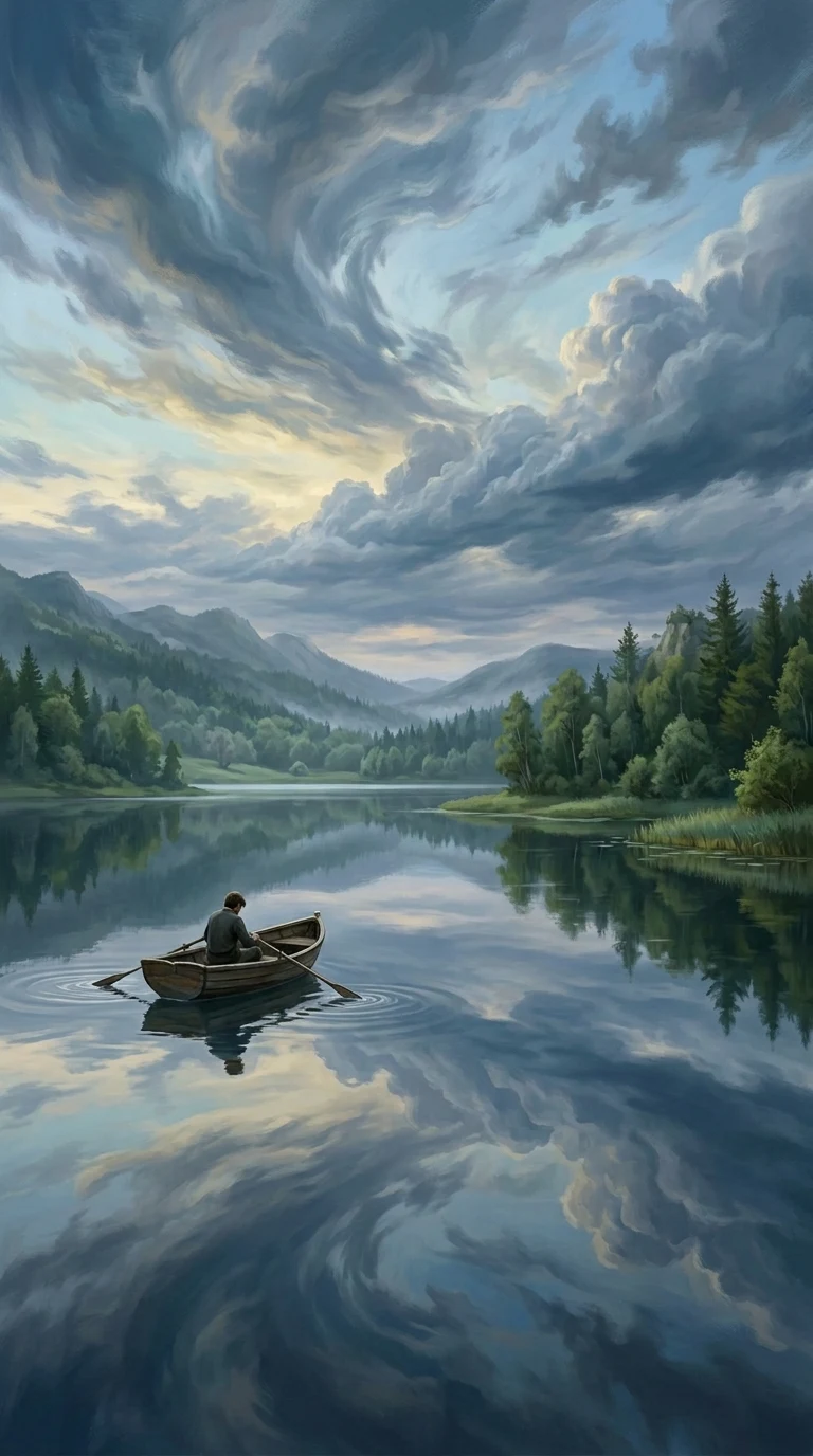 Tranquil Lakeside Scene with Rowboat and Swirling Dramatic Sky - Free 8K and 4K mobile Wallpaper Background