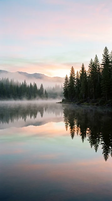 Tranquil Morning Mist on Lake with Evergreen Tree Reflections - Free 4K & 8K mobile Wallpaper