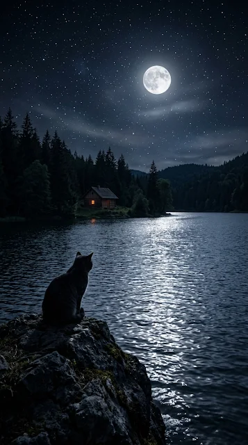 Tranquil Night Scene with Cat Silhouette by a Lakeside Cabin - Free 4K & 8K mobile Wallpaper