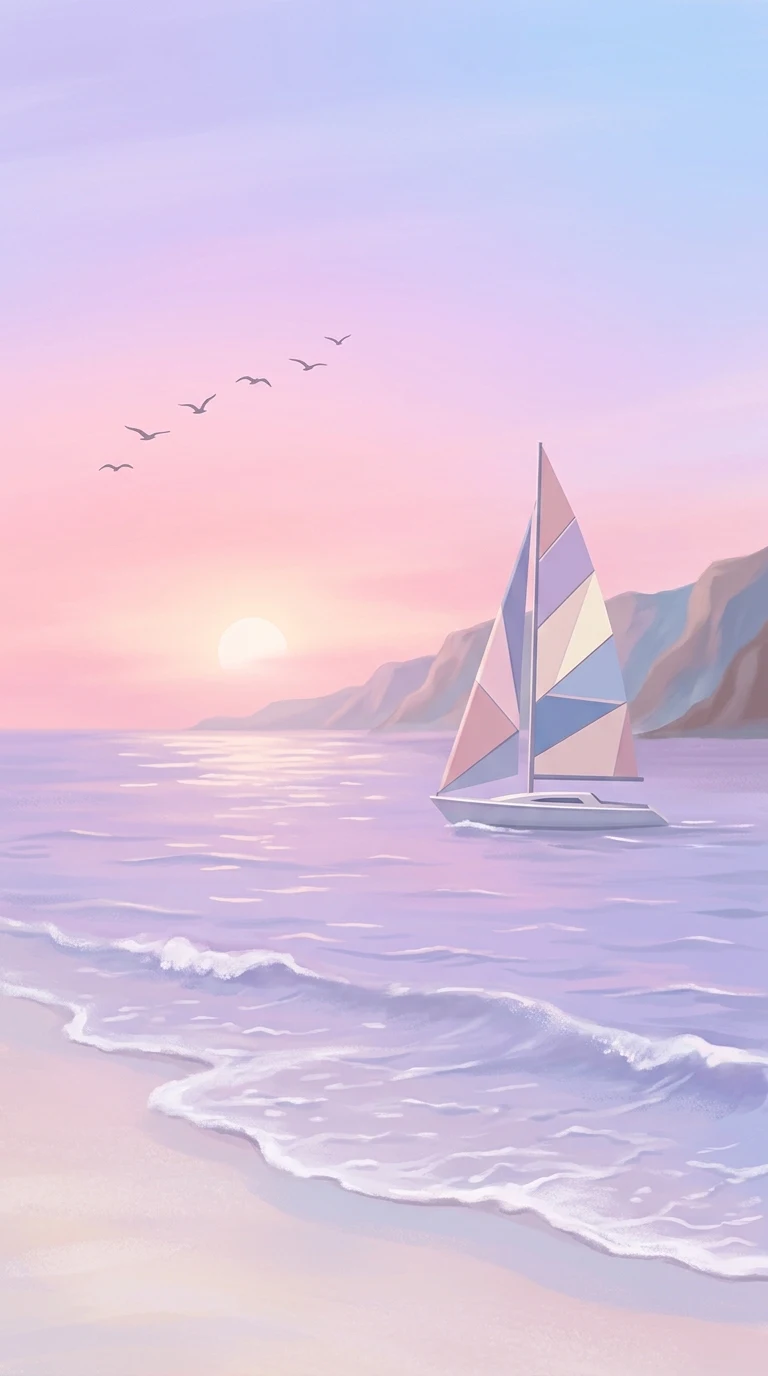 Download Tranquil Pastel Seascape with Geometric Sailboat and Pink Sunset Wallpaper in 4K UHD Tranquil Pastel Seascape with Geometric Sailboat and Pink Sunset - Free 8K and 4K mobile Wallpaper Background