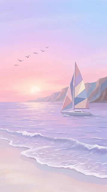 Tranquil Pastel Seascape with Geometric Sailboat and Pink Sunset - Free 4K & 8K mobile Wallpaper