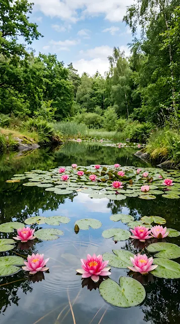 Tranquil Pond with Soft Pink Water Lilies and Foliage Reflection - Free mobile Wallpaper