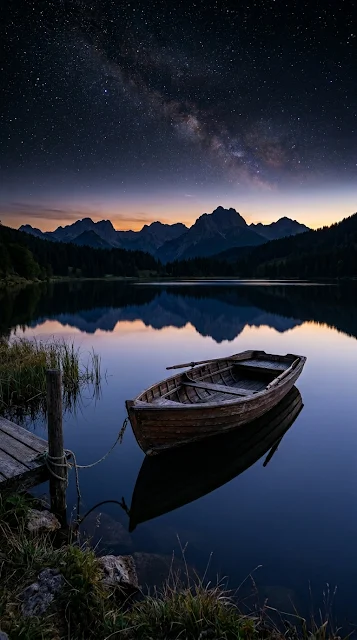Tranquil Twilight Lake with Moored Wooden Boat Reflection - Free 4K & 8K mobile Wallpaper