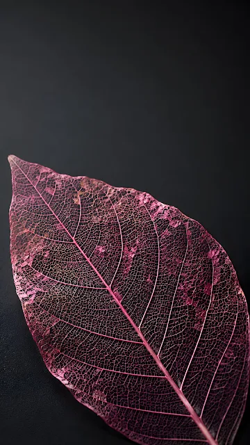 Translucent pink skeleton leaf with intricate veins against a dark charcoal background.