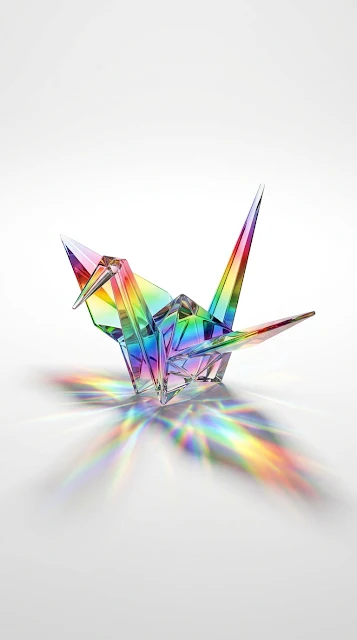 Transparent Rainbow Glass Origami Crane on White Surface - Free 4K & 8K mobile Wallpaper