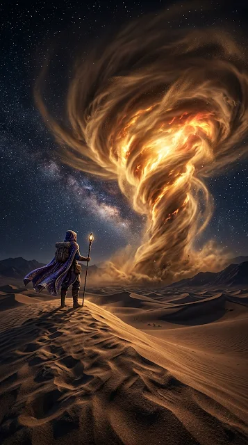 Traveler Observing Glowing Gold and Red Sandstorm in Desert at Night - Free 4K & 8K mobile Wallpaper