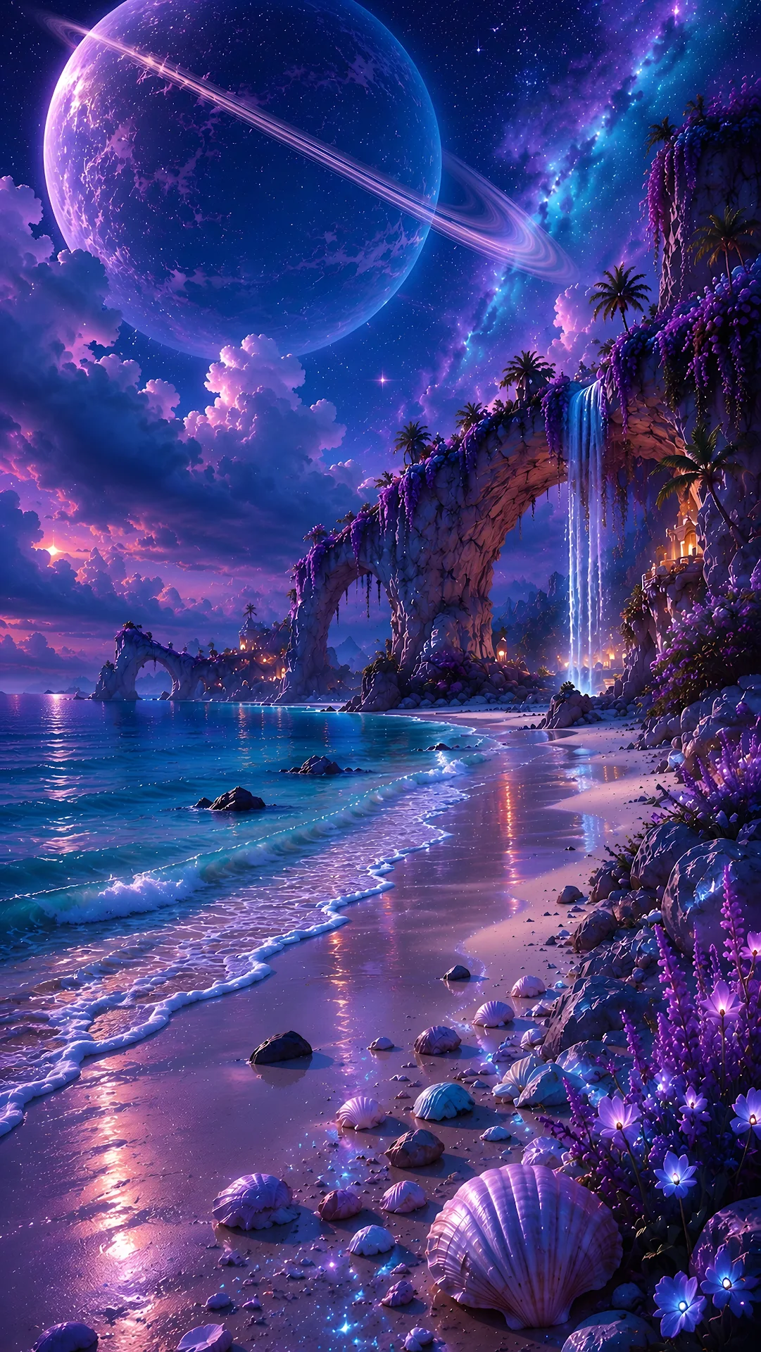 Tropical Coastal Beach with Arch Waterfall Under Ringed Planet Sky - Free 4K mobile Wallpaper