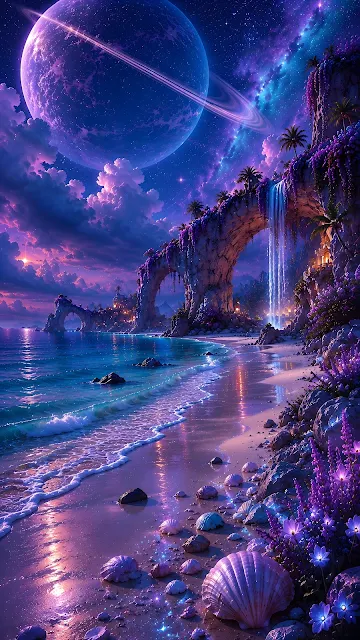 A fantasy beach scene with glowing violet shoreline, giant seashells, waterfall archway, and a giant ringed planet.