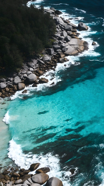 Top-down view of clear turquoise water and surf breaking on smooth rocky coastline.