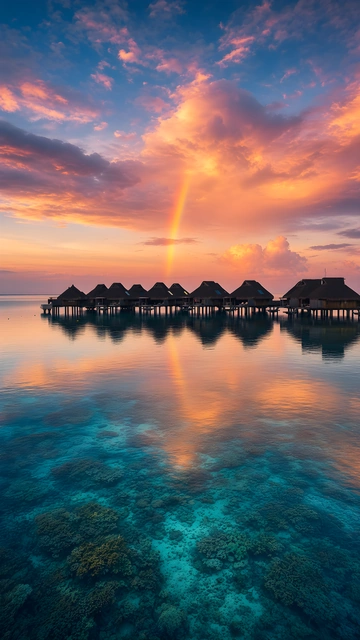 Thatched roof bungalows on stilts over clear turquoise water with a rainbow in pink sunset clouds.