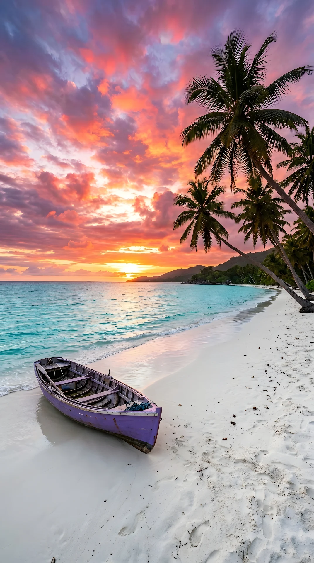 Tropical Paradise Beach at Sunset with Wooden Boat and Palm Trees - Free 4K mobile Wallpaper