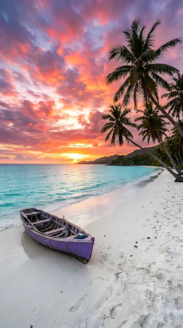 Tropical Paradise Beach at Sunset with Wooden Boat and Palm Trees - Free mobile Wallpaper