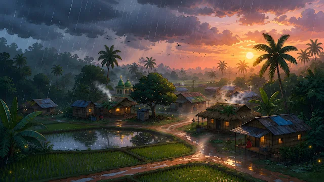 Lush tropical village with bamboo huts and rice fields during a glowing orange sunset rainstorm.