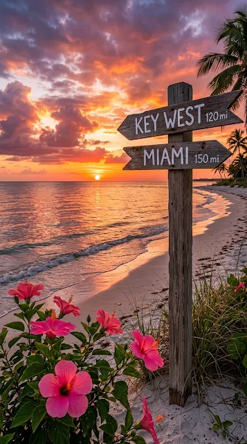 Tropical Sunset Beach with Miami and Key West Directional Signpost - Free 4K & 8K mobile Wallpaper