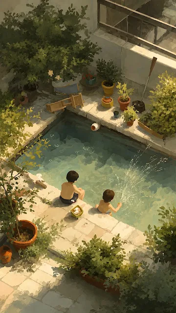 High-angle view of two young children sitting at the edge of a small stone courtyard pool surrounded by potted plants.