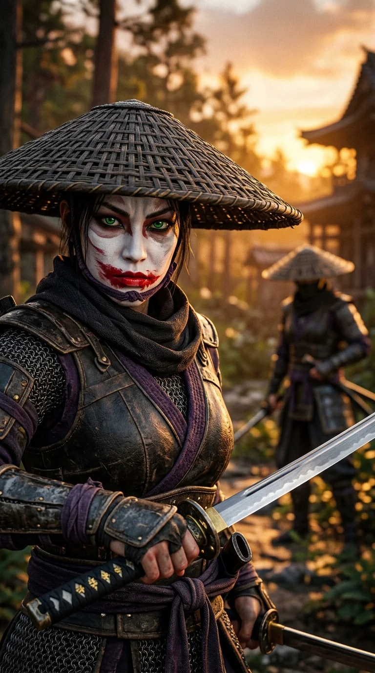Two Female Japanese Shinobi Warriors with Straw Hats and Katanas - Free 8K and 4K mobile Wallpaper Background