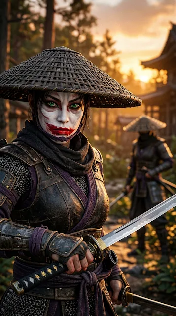 Two Female Japanese Shinobi Warriors with Straw Hats and Katanas - Free 4K & 8K mobile Wallpaper