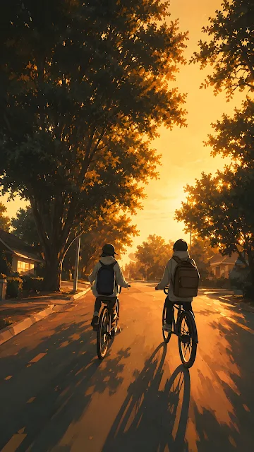 Two people wearing backpacks riding bicycles down a quiet residential street lined with tall trees during a golden sunset.