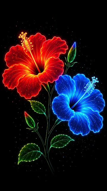 A stylized abstract illustration of one red and one blue glowing neon hibiscus flower with green leaves on a black background.