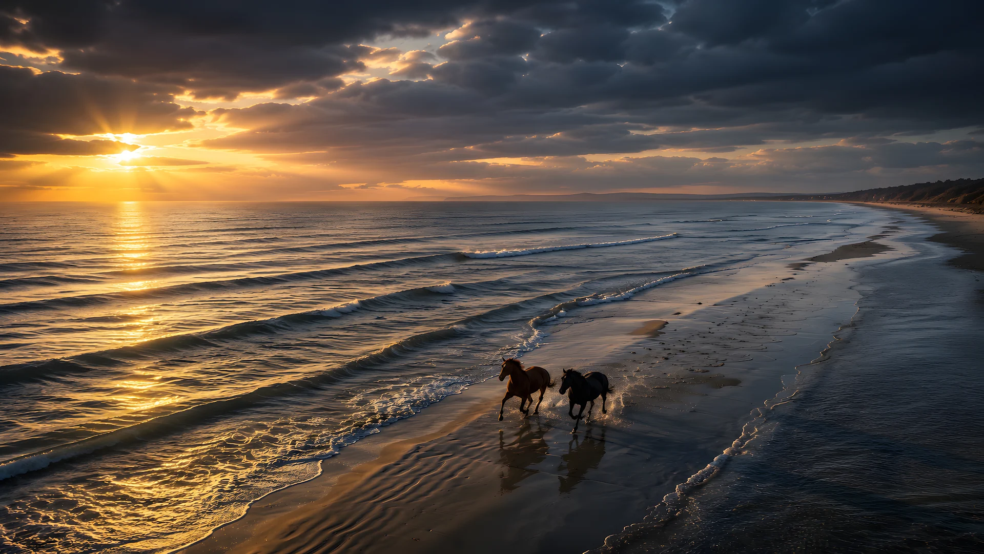 Two horses galloping along wet ocean sand beach at sunset - Free 4K desktop Wallpaper