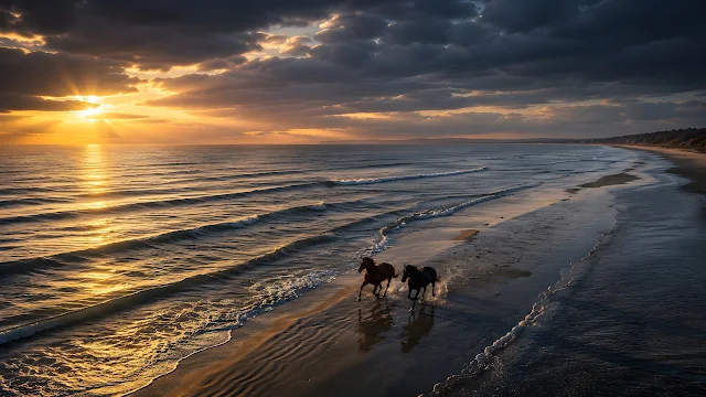 Two wild horses running along a wet sandy beach coastline bathed in warm golden sunset light reflected on water.