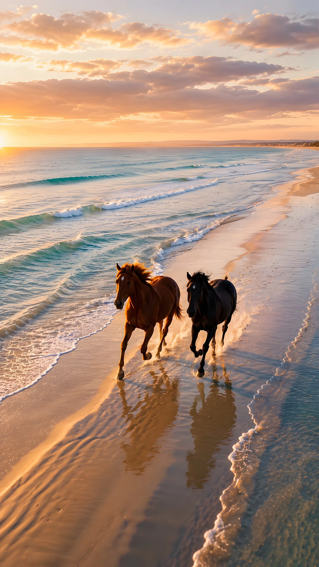 Two Majestic Horses Galloping Along Sandy Ocean Beach at Sunset - Free 4K mobile Wallpaper