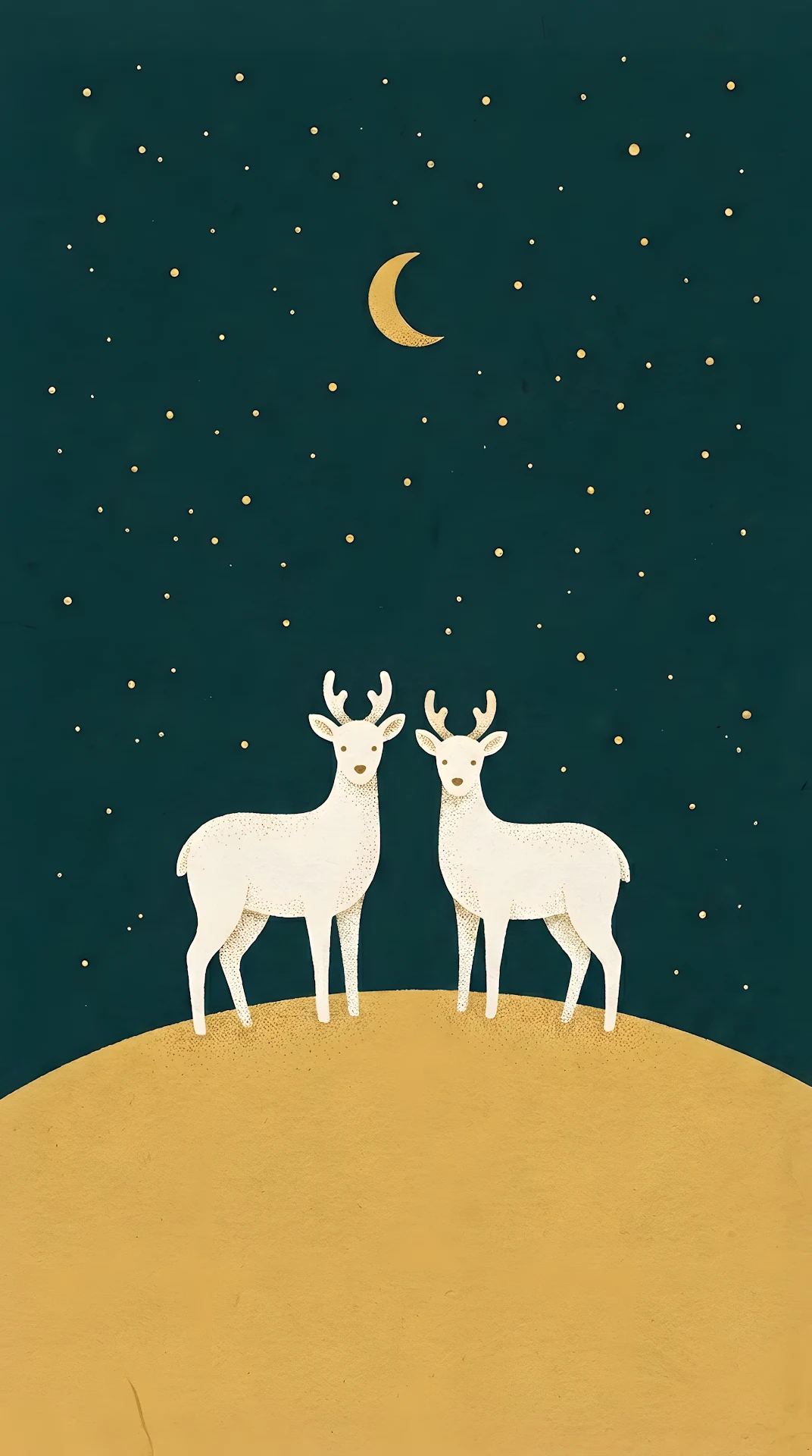 Two White Deer on Golden Grassy Hill Under Night Sky - Free 4K mobile Wallpaper