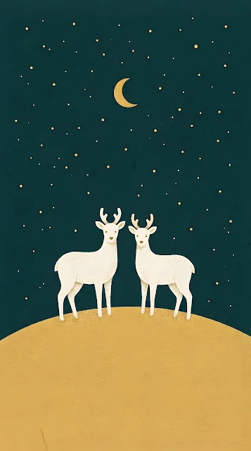 Two White Deer on Golden Grassy Hill Under Night Sky - Free mobile Wallpaper