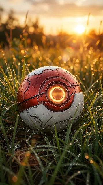 Ultra-Realistic 3D Render of a Red and White Capture Ball in Wet Grass - Free mobile Wallpaper