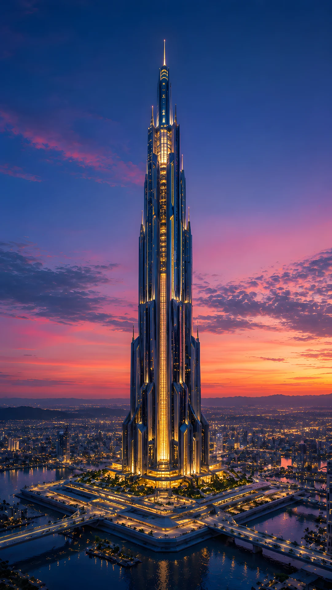 Ultra-tall futuristic glass skyscraper rising into purple sunset sky - Free 4K mobile Wallpaper