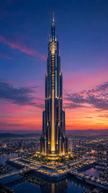 Vertical 3D render of a towering, sleek metallic and glass skyscraper with interior lighting rising above a hazy city at sunset.