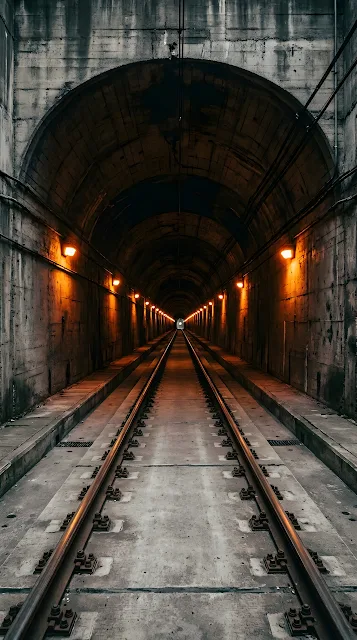 Underground Concrete Railway Tunnel With Orange Lights - Free mobile Wallpaper
