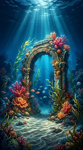 Underwater Coral Ruins and Ancient Lost Civilization Archway - Free 4K & 8K mobile Wallpaper