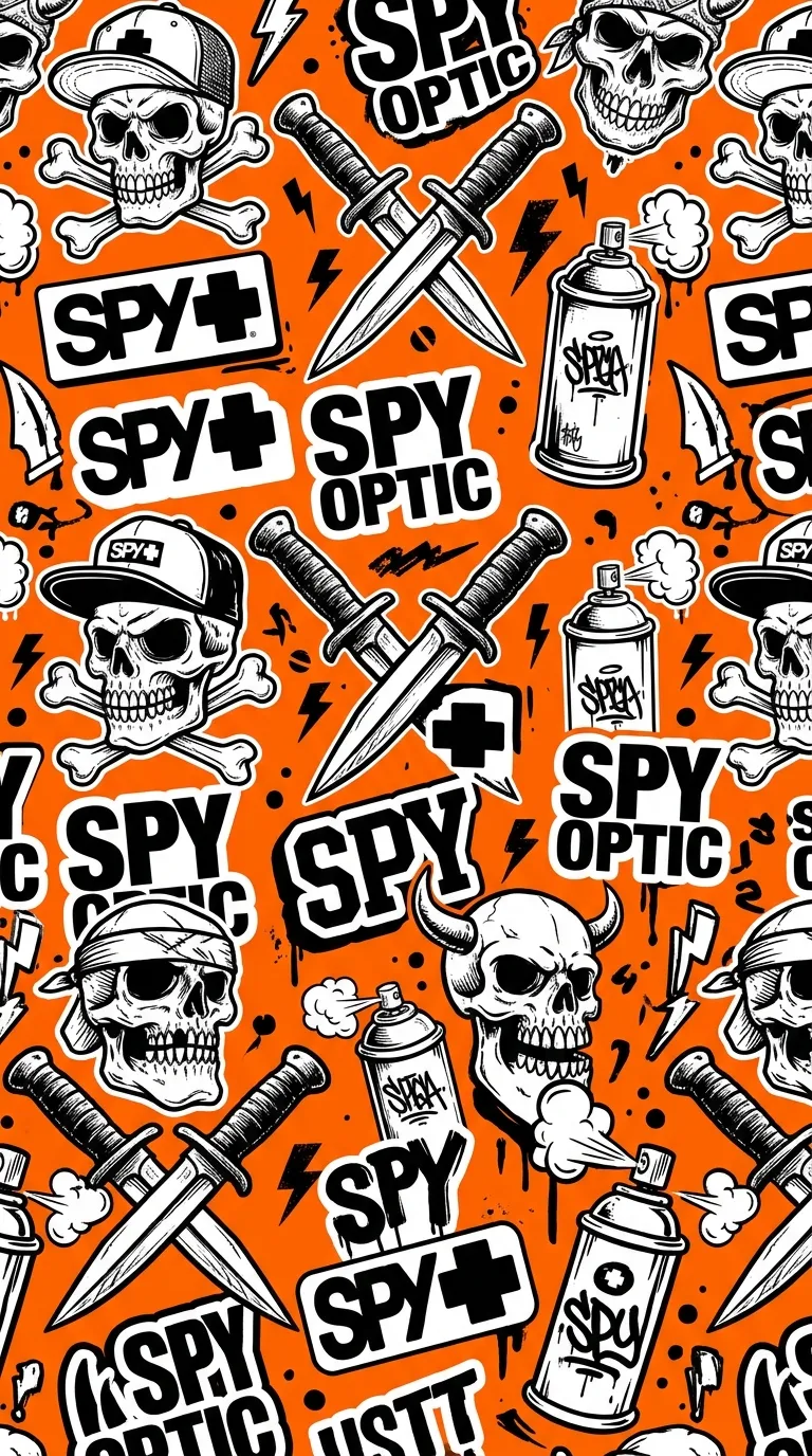 Download Urban Graphic Pattern of Skulls, Daggers, and Spyo Text on Orange Wallpaper in 4K UHD Urban Graphic Pattern of Skulls, Daggers, and Spyo Text on Orange - Free 8K and 4K mobile Wallpaper Background