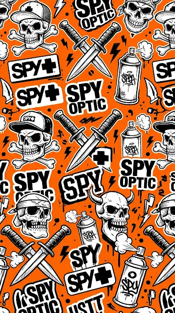 Urban Graphic Pattern of Skulls, Daggers, and Spyo Text on Orange - Free 4K & 8K mobile Wallpaper