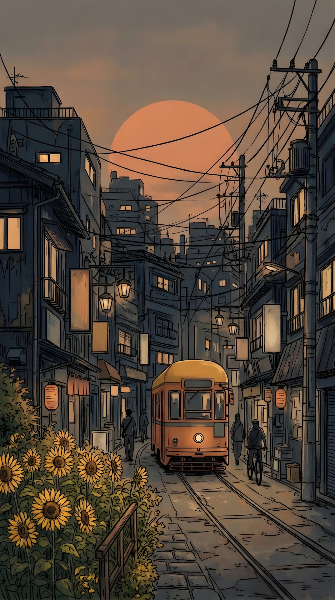 Urban Japanese Street Scene with Sunflowers and Giant Orange Sun - Free 4K mobile Wallpaper