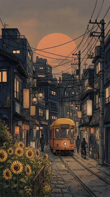 Urban Japanese Street Scene with Sunflowers and Giant Orange Sun - Free mobile Wallpaper