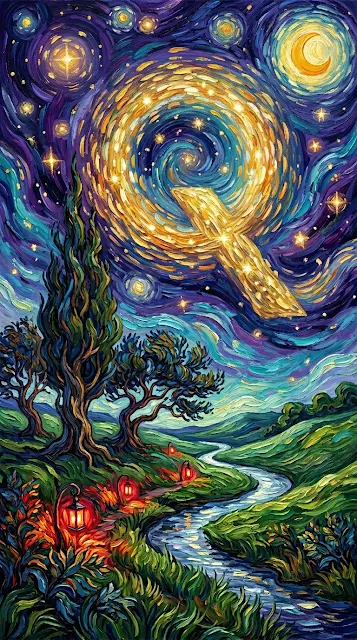 Van Gogh Inspired Starry Night with Indigo Q-Pattern Sky - Free 4K & 8K mobile Wallpaper