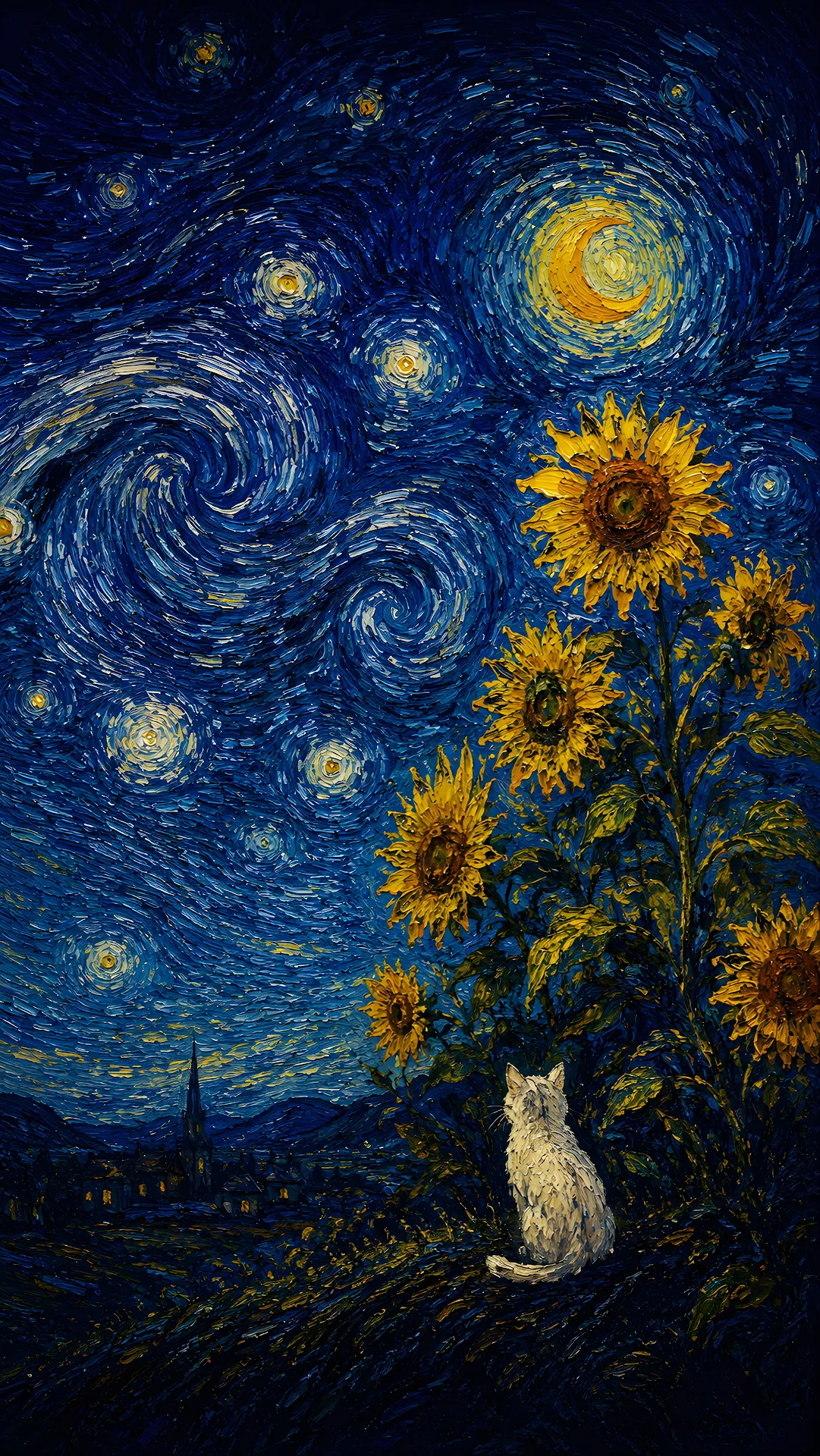 Van Gogh Style Blue Swirls and Sunflowers Painting - Free 4K mobile Wallpaper