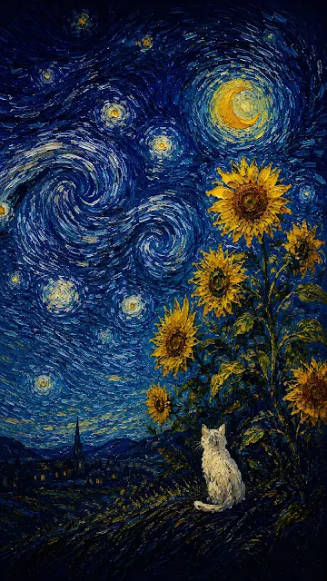 An oil painting illustration in Van Gogh style showing textured blue sky swirls and a bunch of bright yellow sunflowers.
