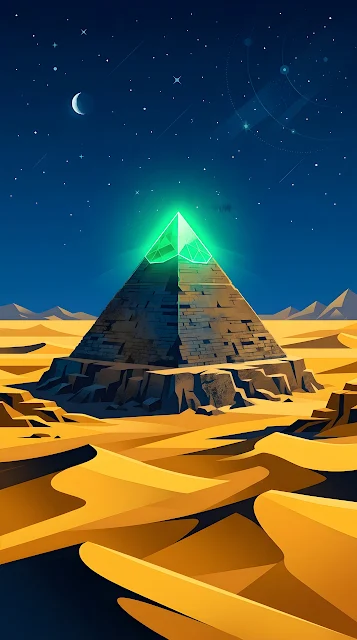 Vast Desert Landscape with Ancient Pyramid and Glowing Emerald Apex - Free mobile Wallpaper