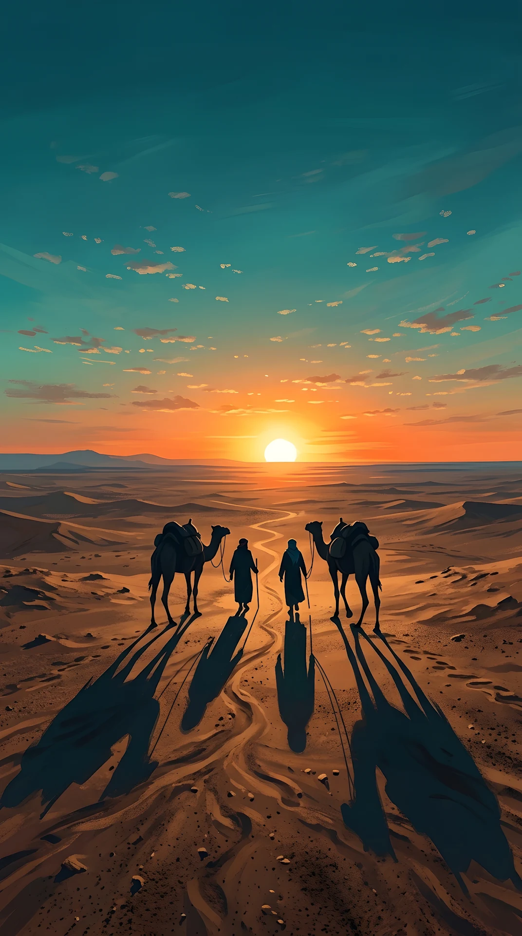 Vast Desert Landscape Illustration with Travelers and Camels at Sunset - Free 4K mobile Wallpaper